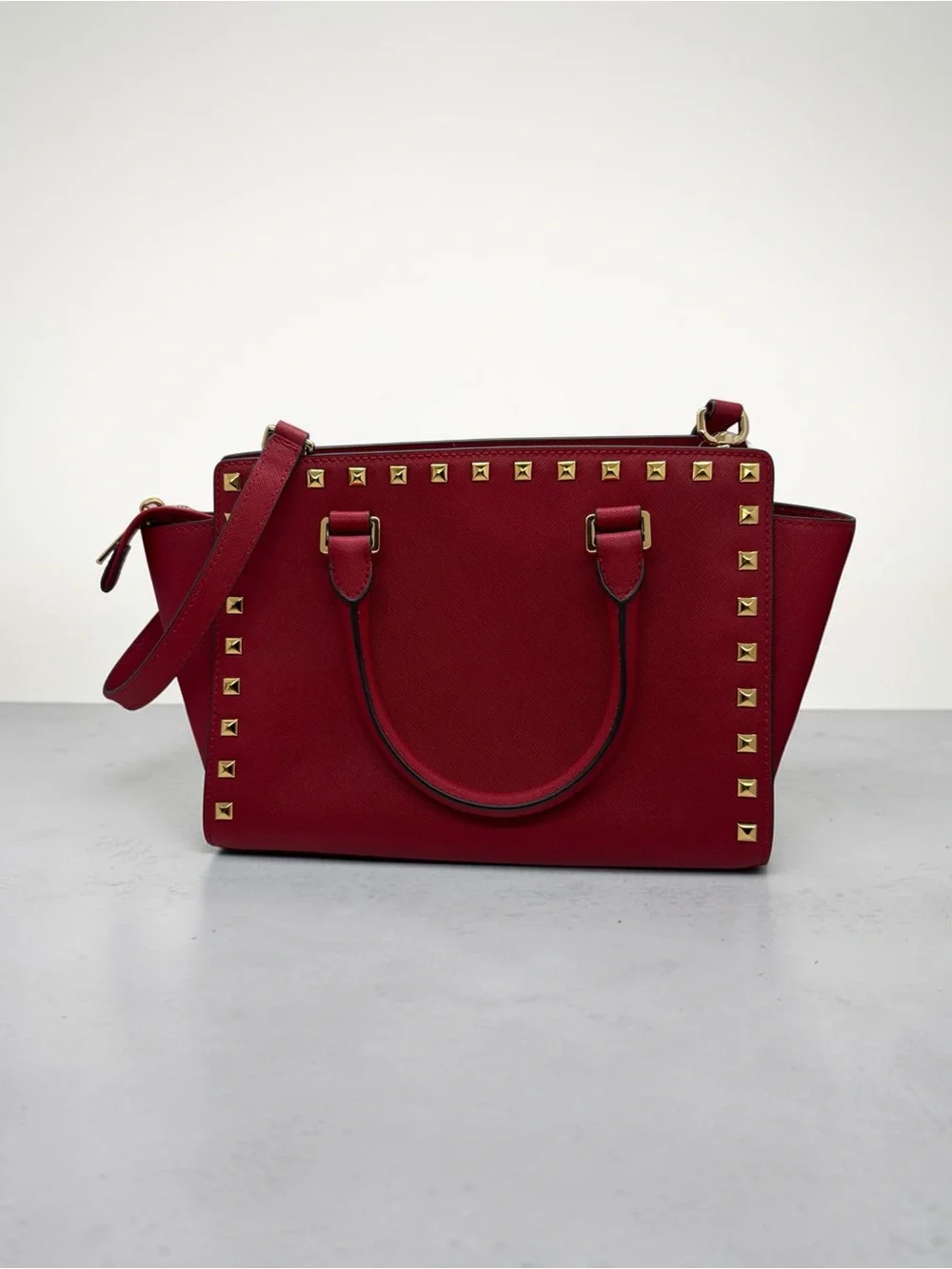 Michael Kors Red Studded Leather Satchel with Crossbody Strap